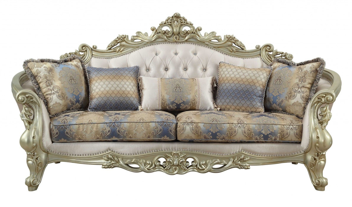 Velvet Curved Floral Sofa And Toss Pillows With Champagne Legs - Antiqued White