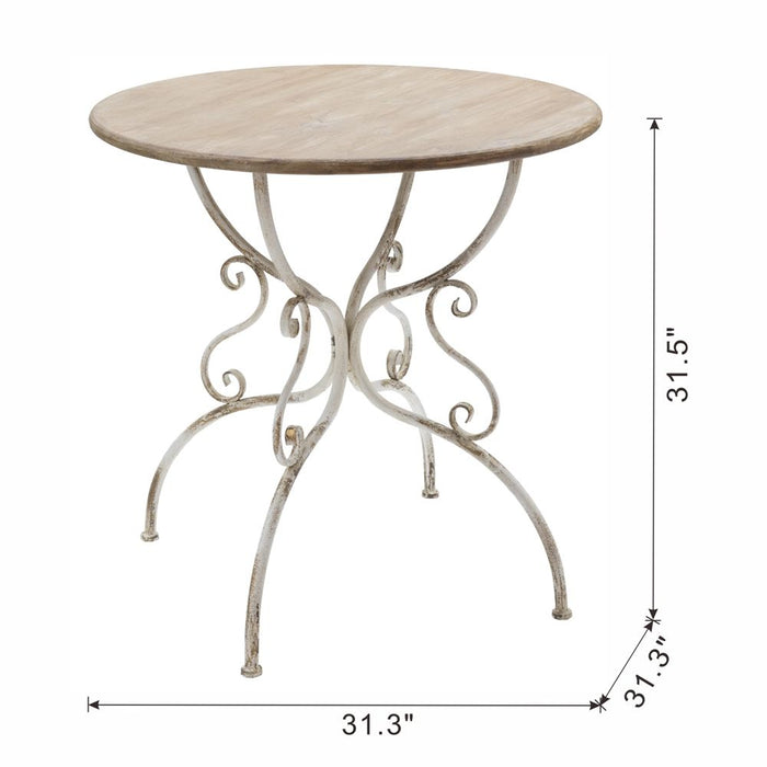 Round Wooden Table With Metal Scrollwork Legs - White