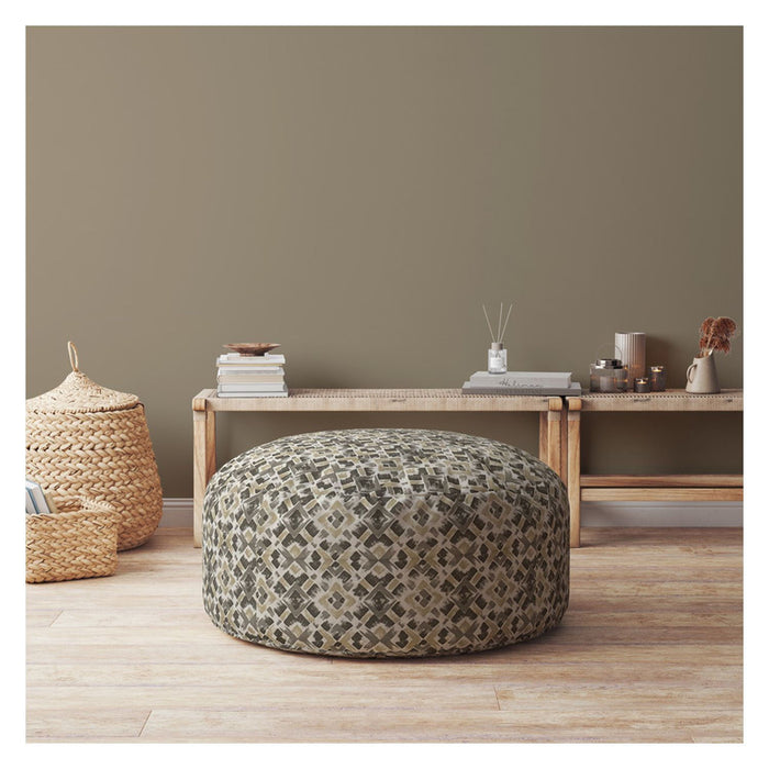 Cotton Round Geometric Pouf Cover - Beige