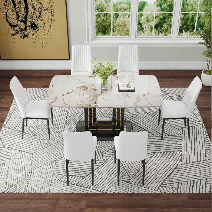 7 Piece Faux Marble Dining Table Set, Glass Rectangular Kitchen Table For 6 - 8, Modern Faux Marble Dining Room Table With MDF Base, Dining Table & 6 Chairs - White