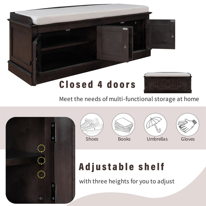 Storage Bench With 4 Doors And Adjustable Shelves, Shoe Bench With Removable Cushion For Living Room, Entryway