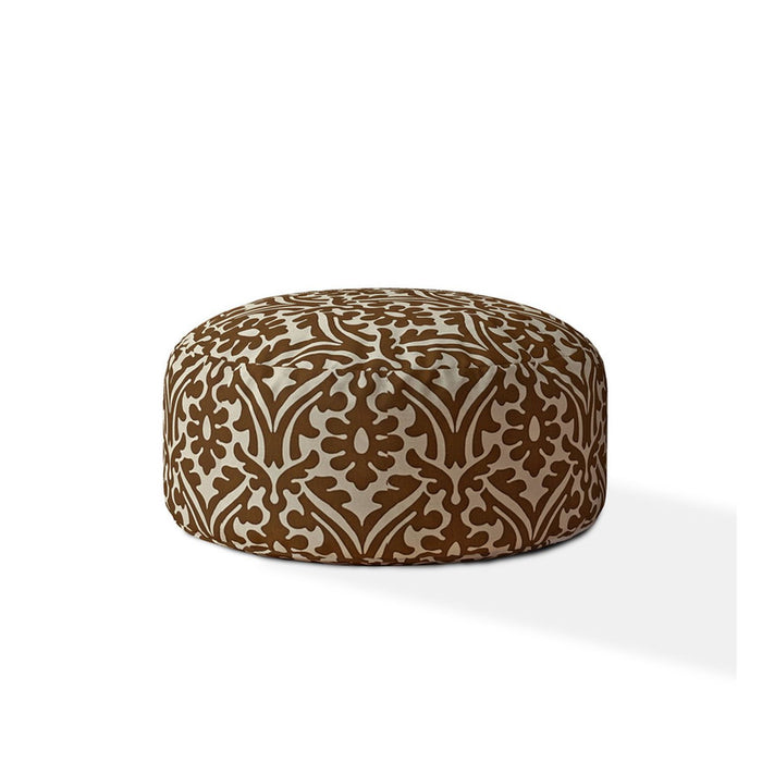 Cotton Round Damask Pouf Cover - Brown