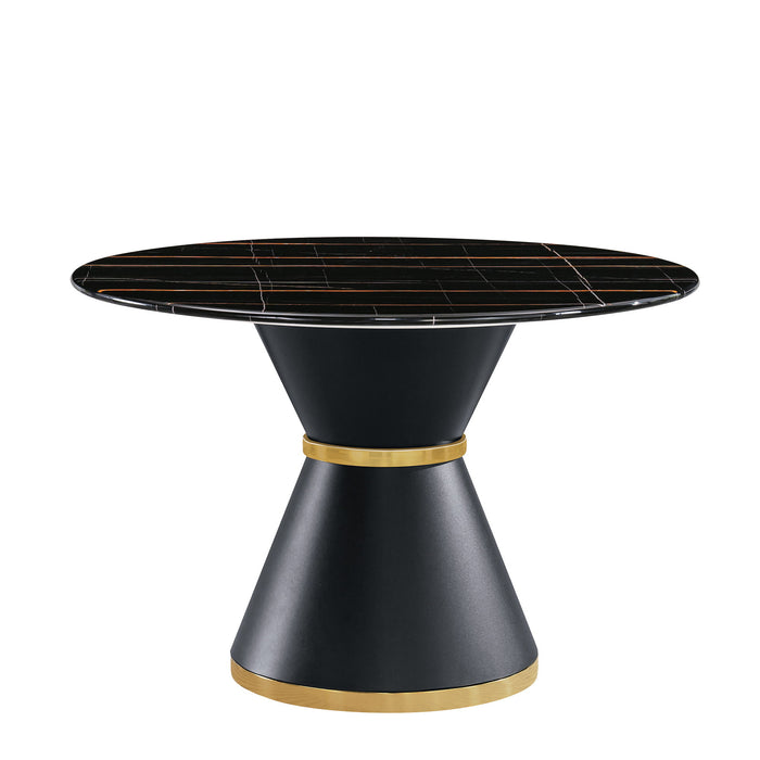 Marble Printed MDF Round Dining Table With Gold Annulus (Not Including Chairs) - Black