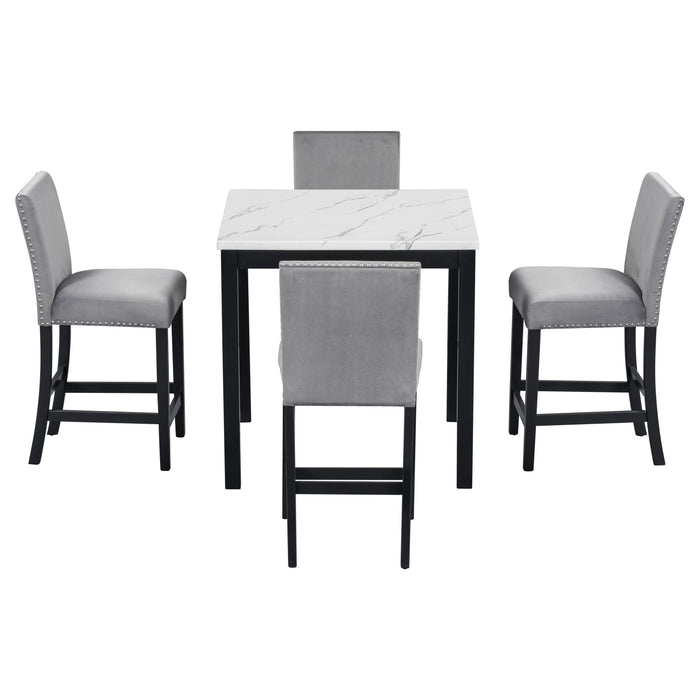 5-Piece Counter Height Dining Table Set With One Faux Marble Top Dining Table And Four Velvet Upholstered Chairs