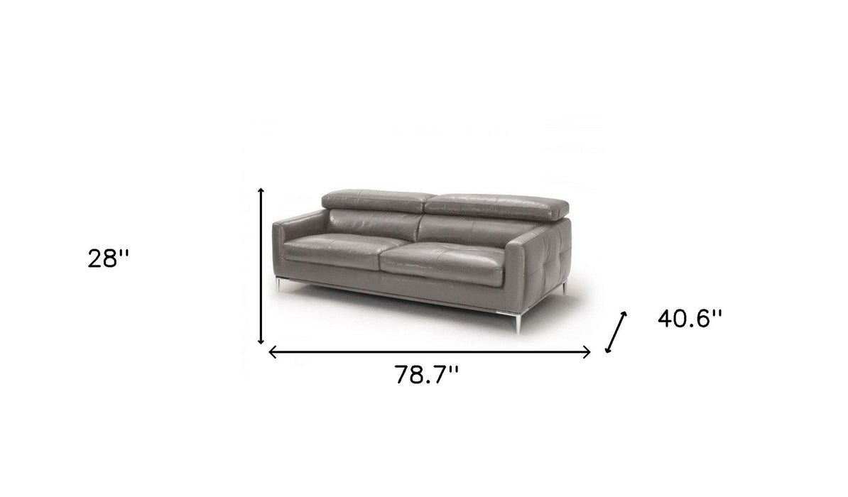 Leather Sofa With Silver Legs - Dark Gray