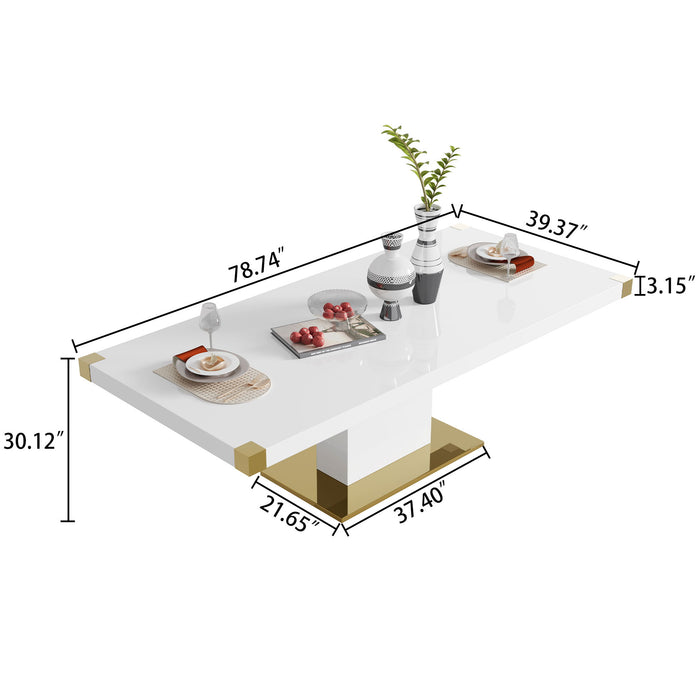 MDF Top Dining Table With Gold Finish Corner, MDF Pillar And Gold Finish Stainless Steel Base