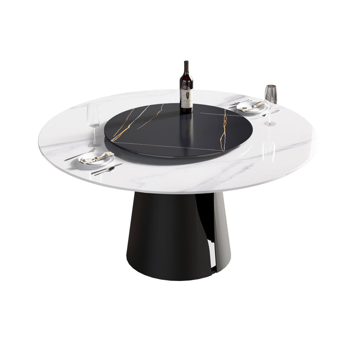 Modern Artificial Stone Round Carbon Steel Base Dining Table, Can Accommodate 6 People, Black Artificial Stone Turntable