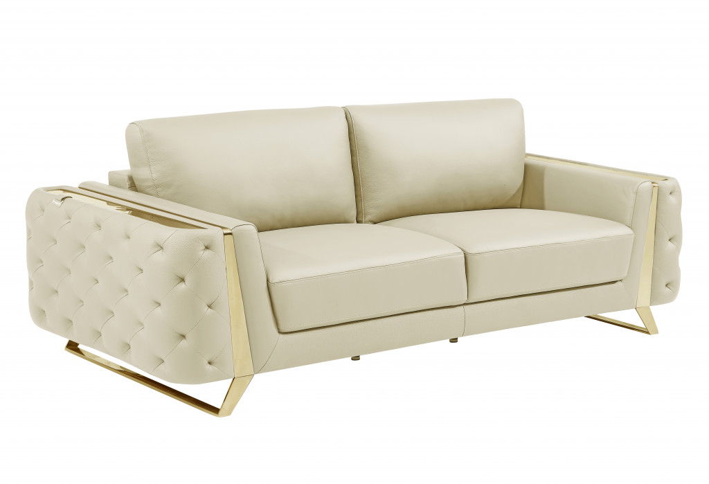 Italian Leather Sofa With Silver Legs - Beige