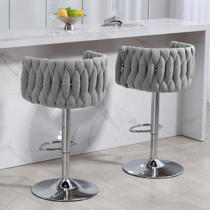 360 Degree Swivel Bar Stools Adjustable Counter Height Bar Chairs With Woven Back & Footrest, Silver Chromed Bar Stools For Kitchen Island (Set of 2) - Gray