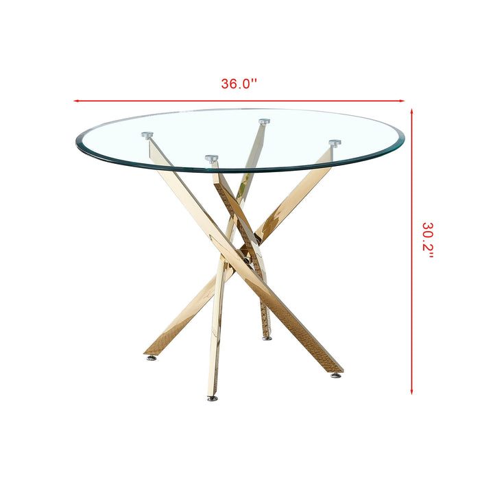 Contemporary Round Clear Dining Tempered Glass Table With Stainless Steel Legs - Gold