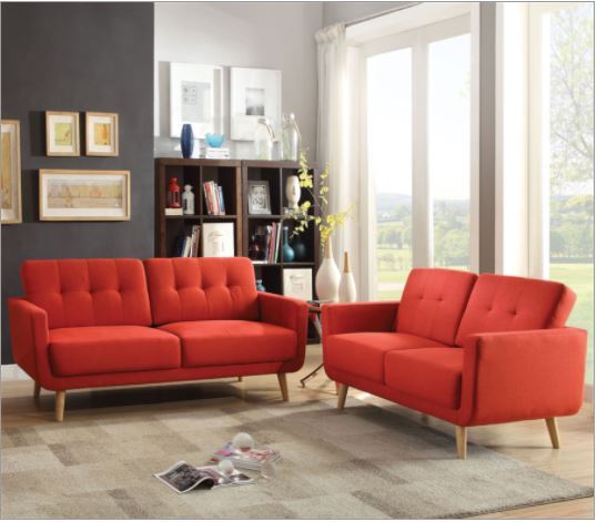 Linen Sofa With Wood Brown Legs - Red