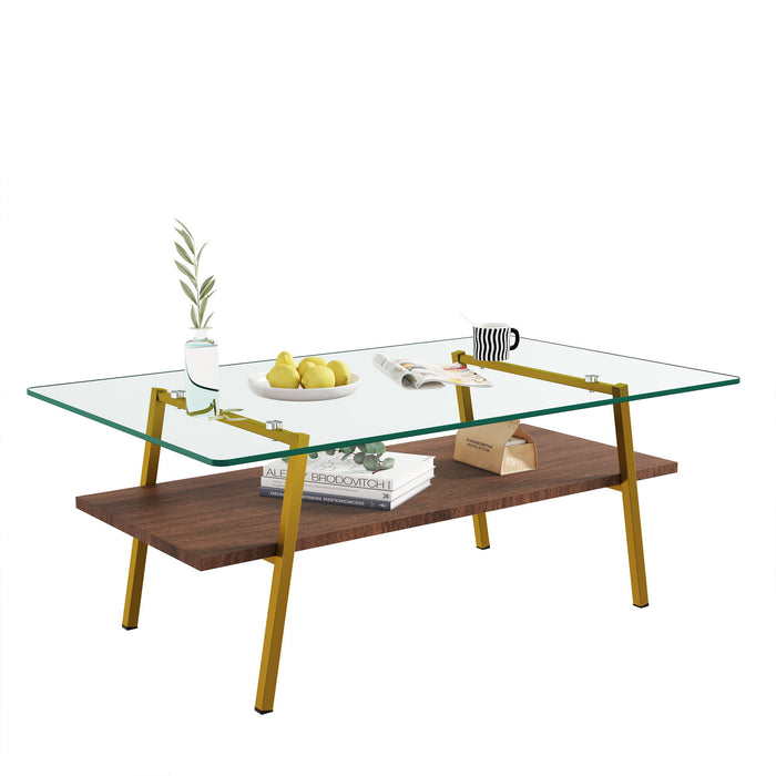 Rectangle Coffee Table, Tempered Glass Tabletop With Metal Legs, Modern Table For Living Room