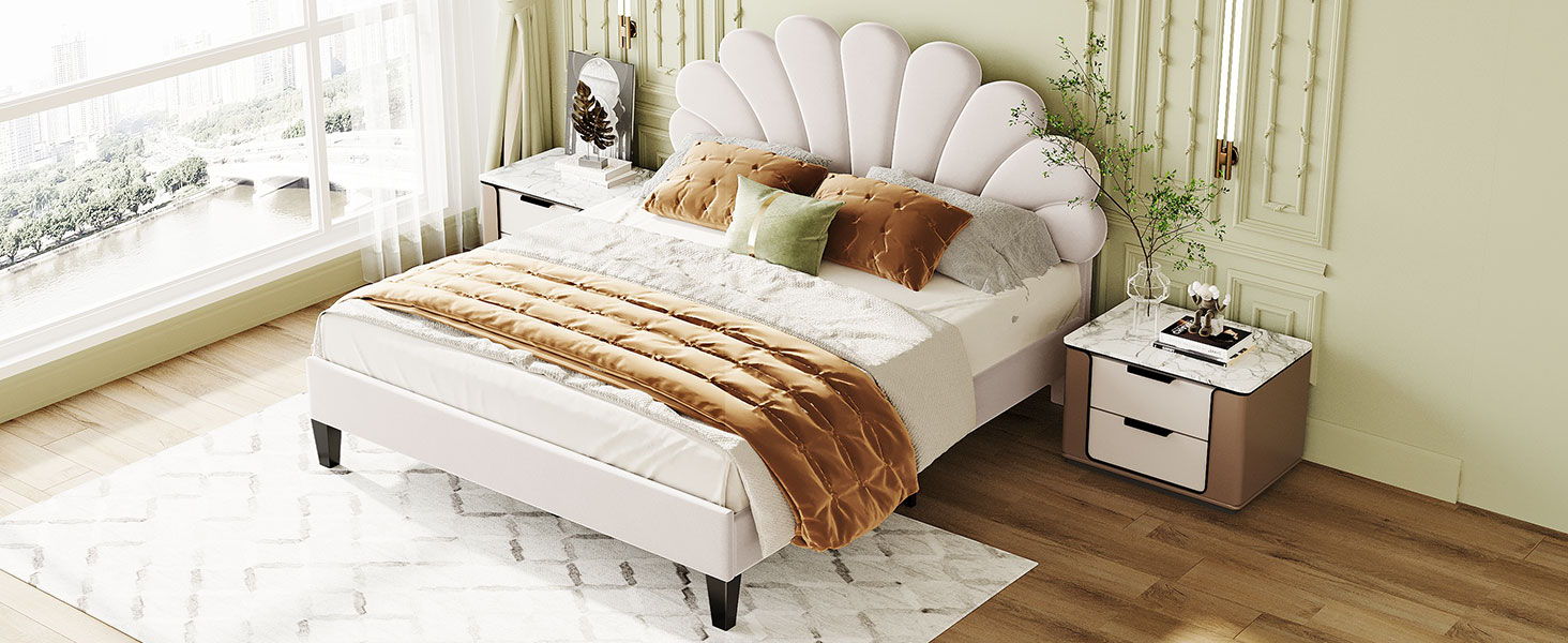 Queen Size Upholstered Platform Bed With Flower Pattern Velvet Headboard - Beige