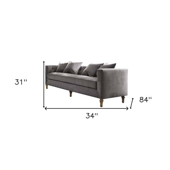 Velvet Sofa And Toss Pillows With Brown Legs - Gray