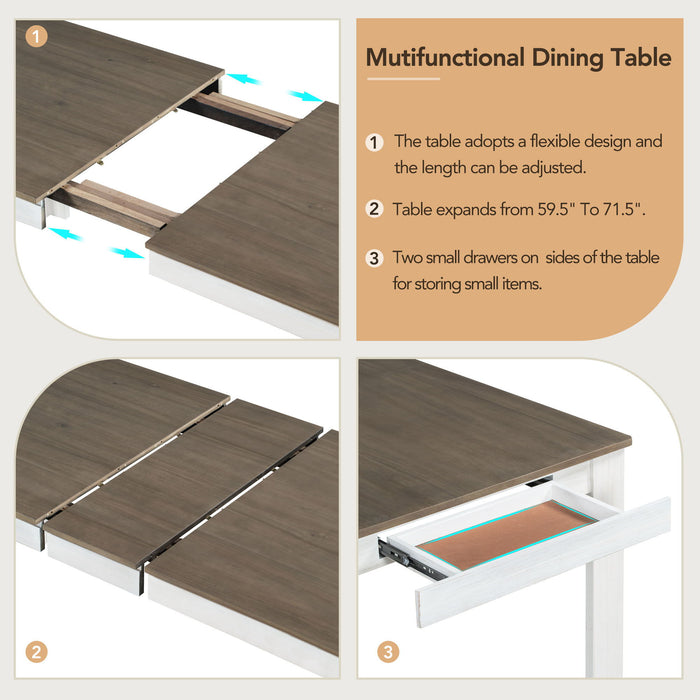 Wooden Dining Table Set Mutifunctional Extendable Table With Leaf And 2 Drawers, Dining Chairs With Soft Cushion