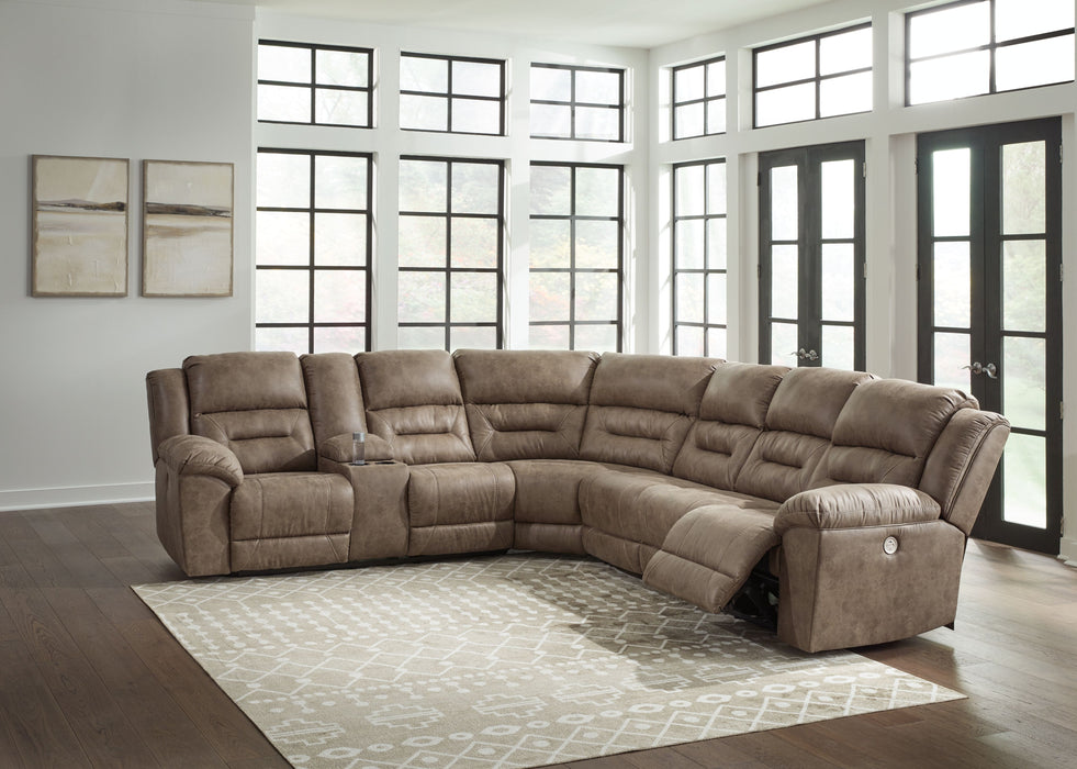 Ravenel - Fossil - 4-Piece Power Reclining Sectional With Laf Power Reclining Loveseat With Console - Faux Leather