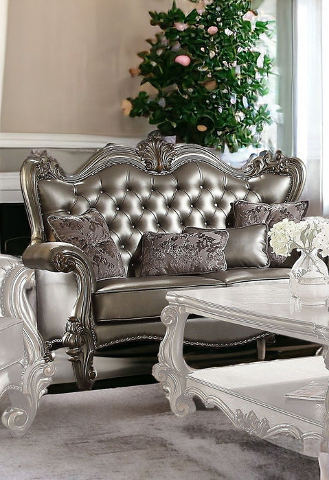 Faux Leather Loveseat And Toss Pillows - Silver / Platinum