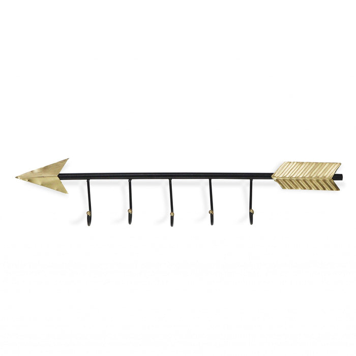 Arrow Design Wall Decor With 5 Hanging Hooks - Black And Gold - Metal