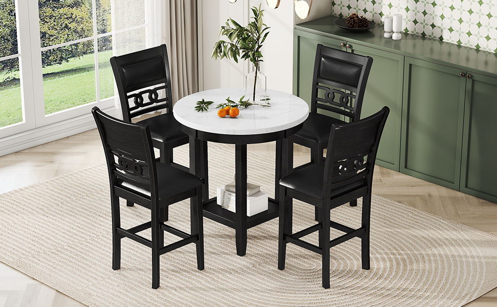 5 Piece Counter Height Dining Round Table Set With One Faux Marble Top Dining Table And Four Pu-Leather Chairs - Dark Espresso