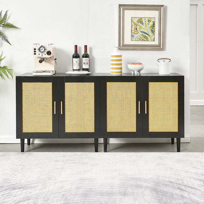 Side Panel Buffet Cabinet With Natural Rattan Door, Rattan Storage Cabinet With Adjustable Shelves, Side Panel And Buffet With Storage Space, Modern Console Cabinet In Bedroom And Living Room - Black / Beige