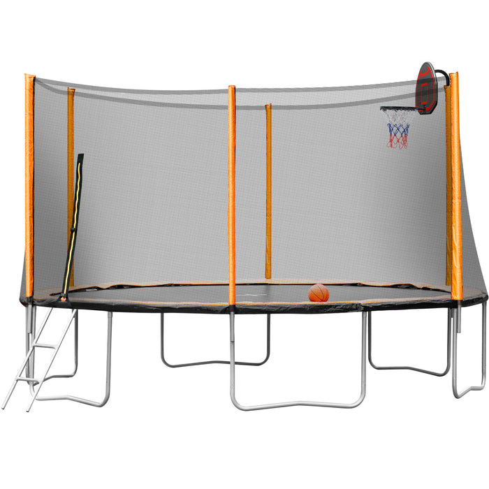 14Ft Powder-Coated Advanced Trampoline With Basketball Hoop Inflator And Ladder (Outer Safety Enclosure) - Orange