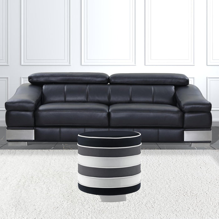 Velvet Round Striped Ottoman - Black / Silver