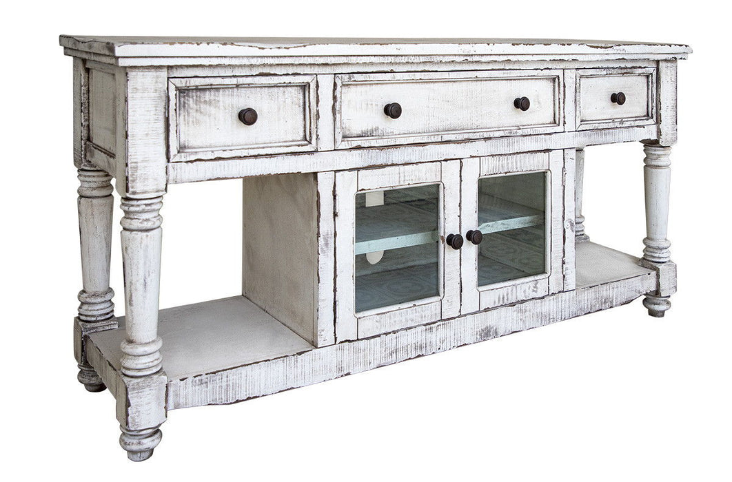 Solid Wood Open Shelving Distressed TV Stand - White