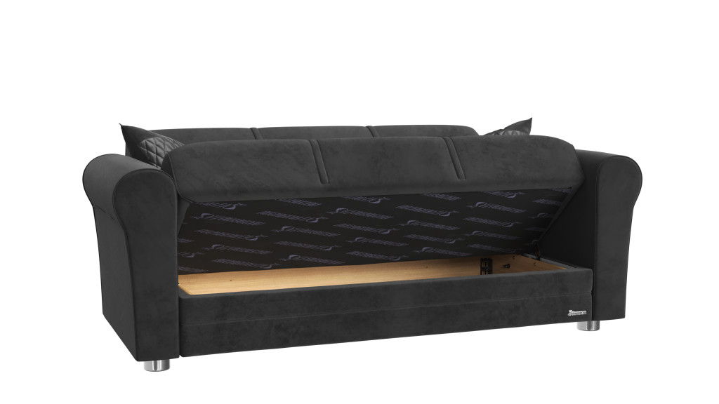 Microfiber Futon Convertible Sleeper Love Seat With Storage And Toss Pillows - Black Silver