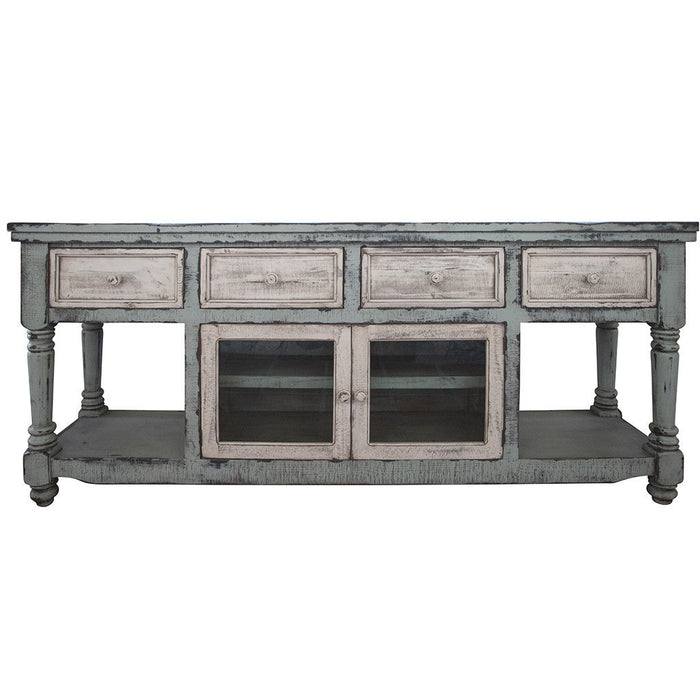 Solid Wood Open Shelving Distressed TV Stand - Blue / White