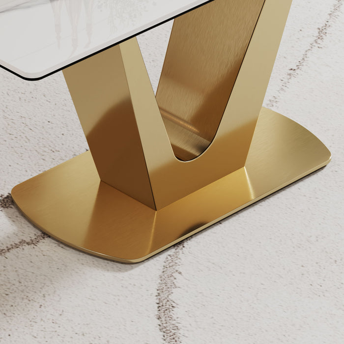 Sintered Stone Composite Tempered Glass Top Dining Table With V-Shape Stainless Steel Base - Gold