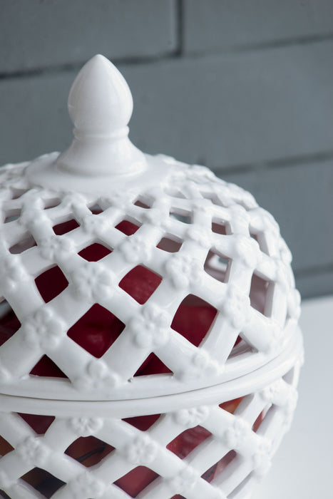 Ceramic Lidded Jar With Lattice Design - White