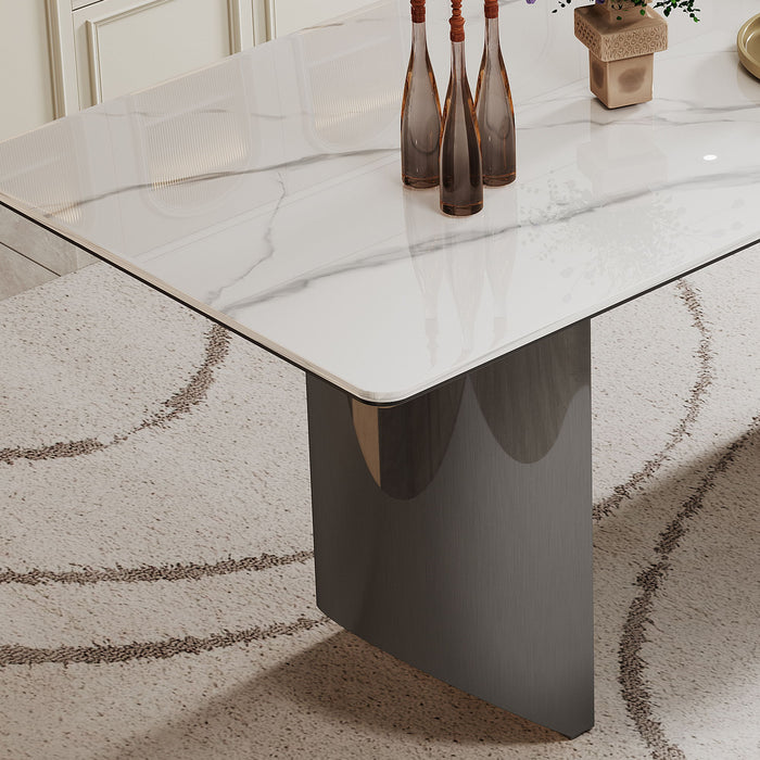 Sintered Stone Composite Tempered Glass Top Dining Table With Stainless Steel Base