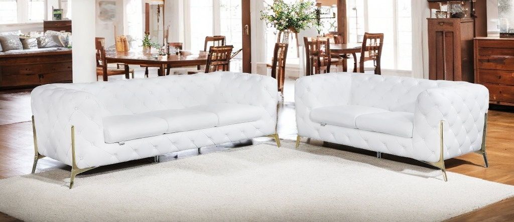 2 Piece Seating Set Indoor Italian Leather Five Person - White