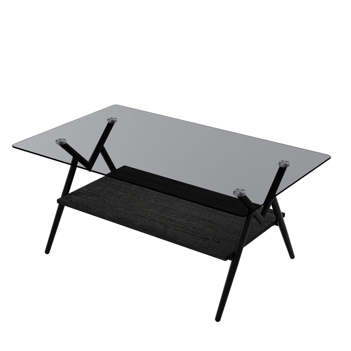 Rectangle Coffee Table With Tempered Glass Top And MDF Shelf, Modern Table For Living Room