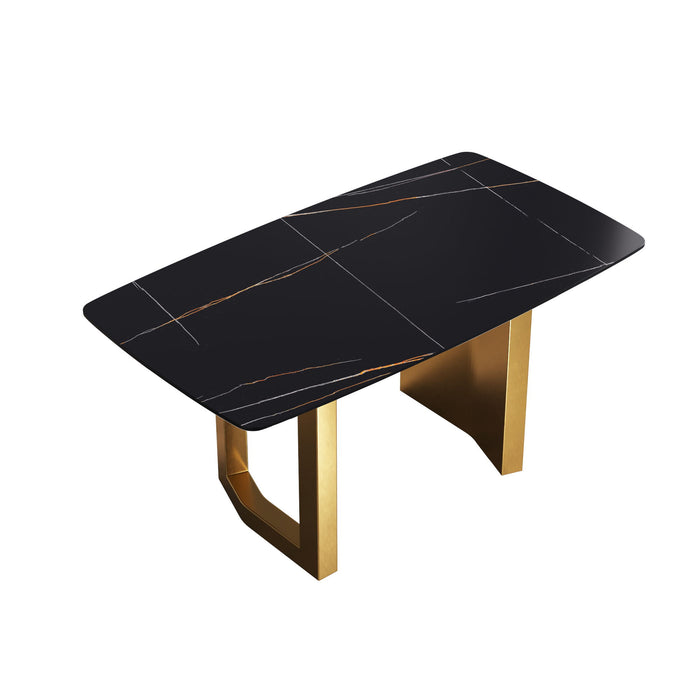 63" Artificial Stone Curved Golden Metal Leg Dining Table, 6 People - Black / Gold