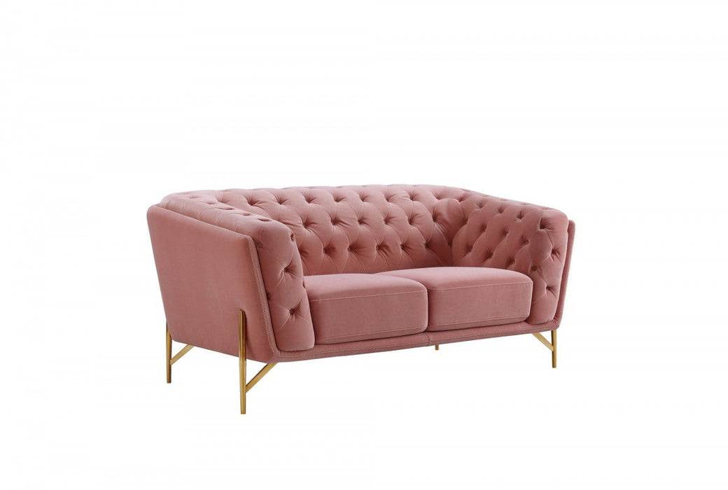 Stylish Velvet Loveseat With Diamond Tufts - Pink