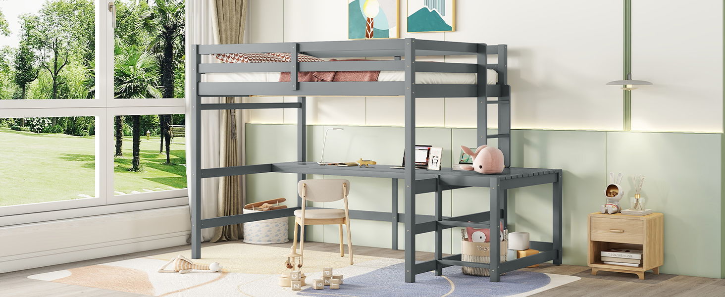 Full Loft Bed With Built-In Desk, Ladder Platform, Ladders, Guardrails - Gray