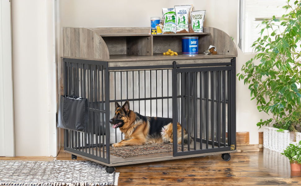 Heavy Duty Dog Crate Furniture For Medium Dog With Lockable Wheels, Wooden Dog Crate Dog Kennel, End Table Crate With Double Layer Storage