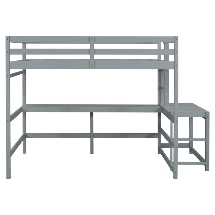 Full Loft Bed With Built-In Desk, Ladder Platform, Ladders, Guardrails - Gray