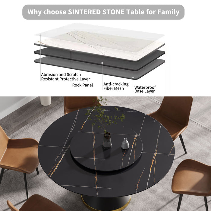 Modern Artificial Stone Round Carbon Steel Base Dining Table, Can Accommodate 6 People Artificial Stone Turntable - Black