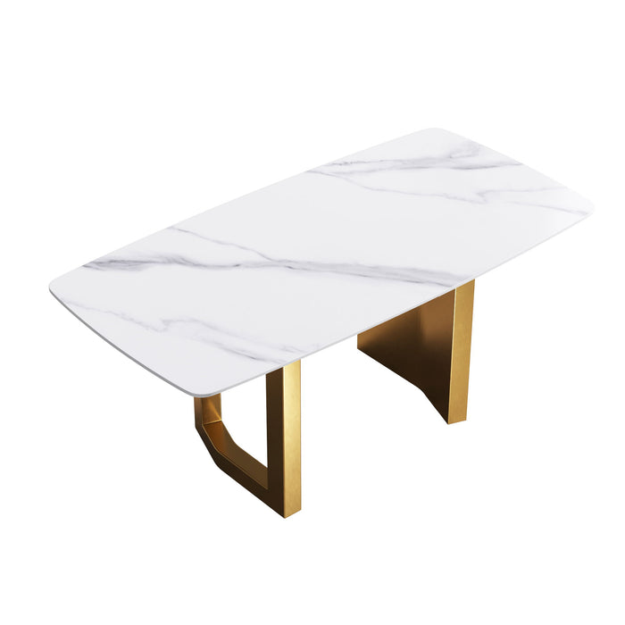 70.87" Modern Artificial Stone White Curved Metal Leg Dining Table - White / Gold