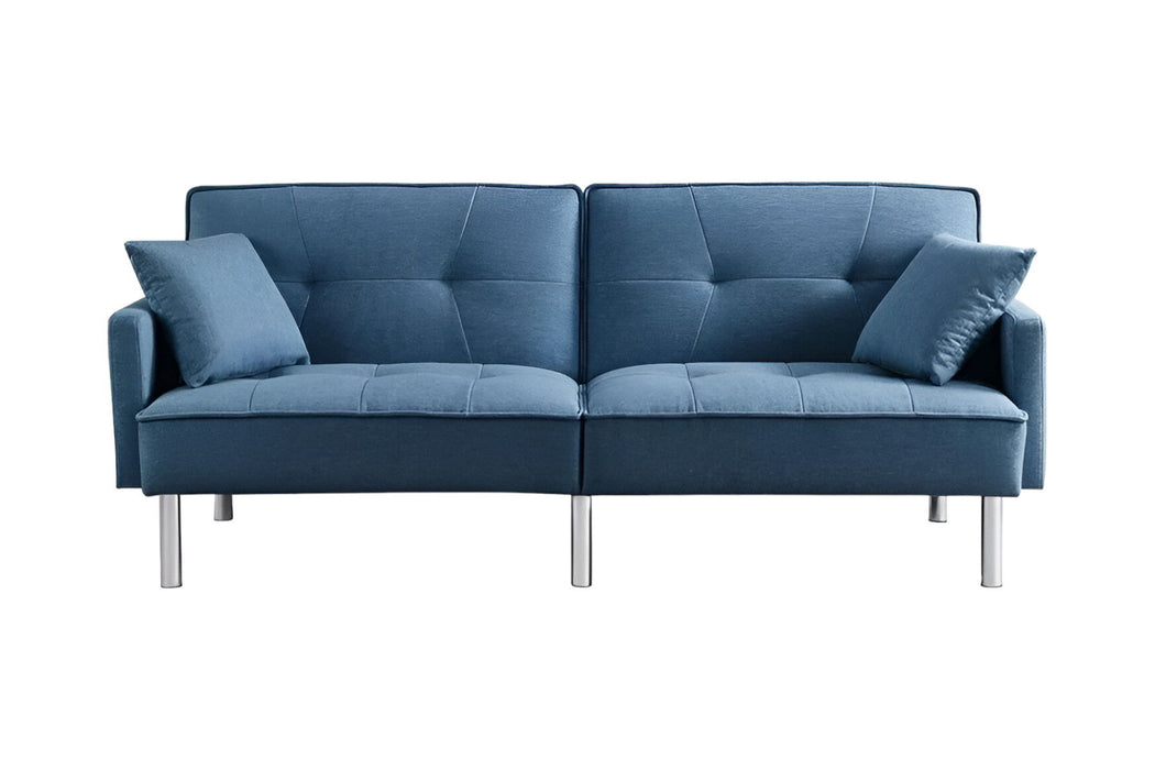 Polyester Blend Convertible Futon Sleeper Sofa And Toss Pillows With Silver Legs - Blue