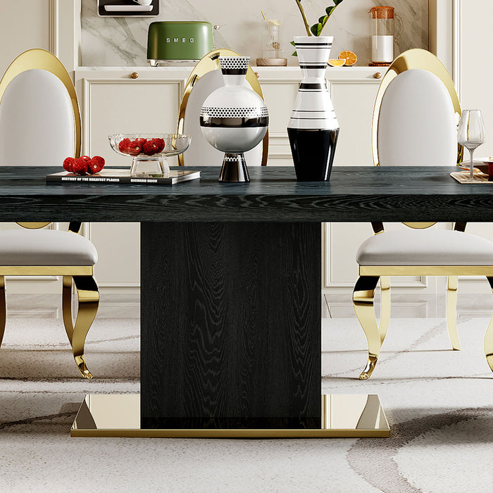 MDF Top Dining Table With Gold Finish Corner, MDF Pillar And Gold Finish Stainless Steel Base