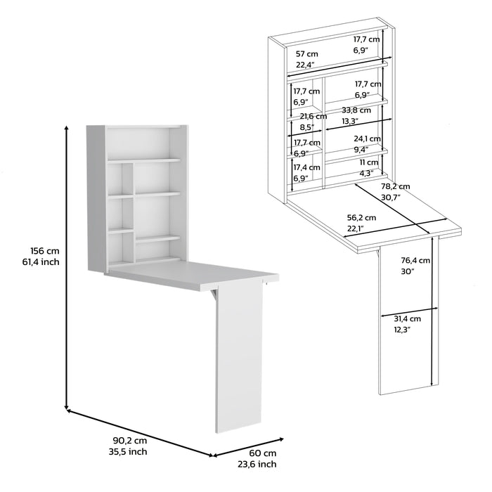 Wall Foldable Table With Multiple Shelves - White