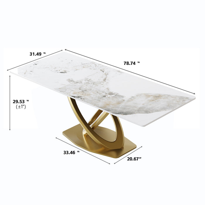 78.74" Modern Artificial Stone Pandora Panel Double-Ring Stainless Steel Metal Legs, Can Accommodate 8 People - White / Gold