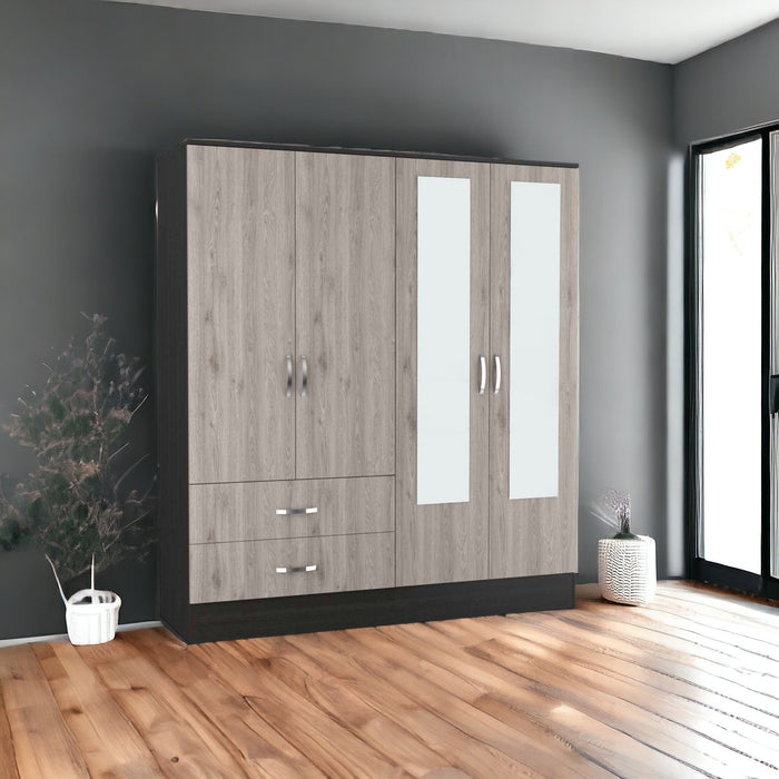 Four Door Wardrobe Closet With Mirrors - Light Oak / Black