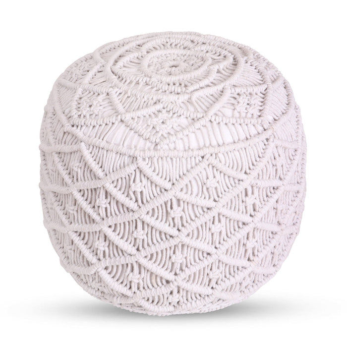 Cotton Blend Round Floral Pouf Ottoman - White