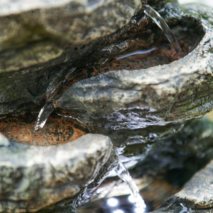 Indoor Stone-Look Water Fountain, 7 Tier Polyresin Cascading Rock Tabletop Fountain With LED Light - Gray