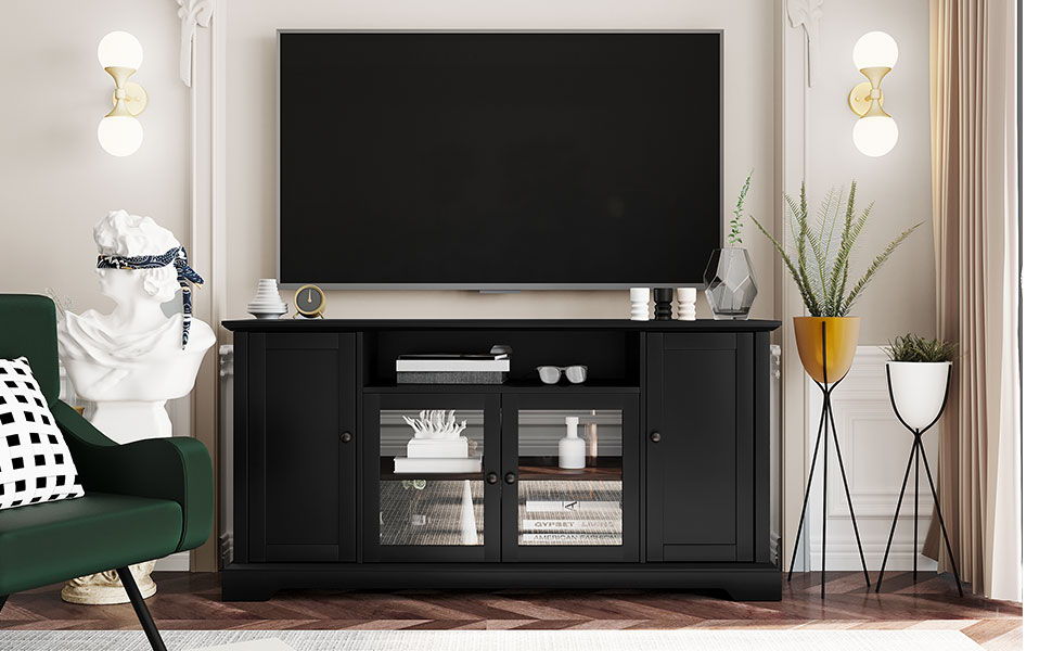 TV Stand For TV Up To 65In With 2 Tempered Glass Doors Adjustable Panels Open Style Cabinet, Sideboard For Living Room