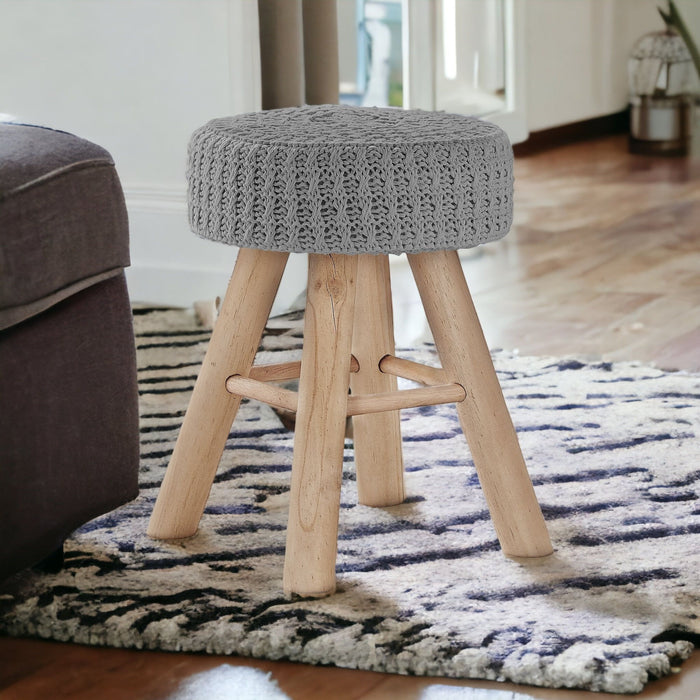 Cotton Blend Round Ottoman - Gray / Natural